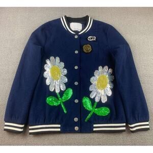 Signature 8 Varsity Bomber Jacket‎ Women S Navy Blue Sequin Daisy Floral